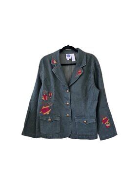 DG2 Diane Gilman Houndstooth Blazer Womens M Khaki Art To Wear Embroidered Boho